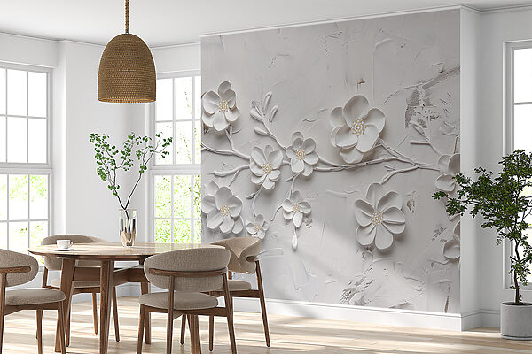 Witte bloemen op een wit oppervlak Fotobehang Witte bloemen op een wit oppervlak