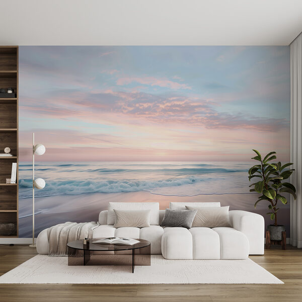 Fotobehang Strand met golven en een roze lucht (Artikelnummer: w07935) Fotobehang Fotobehang Strand met golven en een roze lucht (Artikelnummer: w07935)