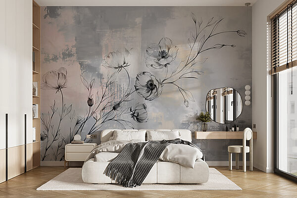 Tekening van bloemen op een grijze achtergrond Fotobehang Tekening van bloemen op een grijze achtergrond