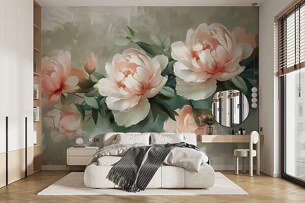 Groep bloemen op een wit oppervlak Fotobehang Groep bloemen op een wit oppervlak
