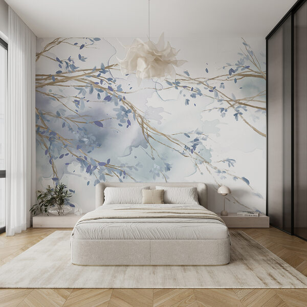 Aquarel van een boomtak met blauwe bladeren Fotobehang Aquarel van een boomtak met blauwe bladeren