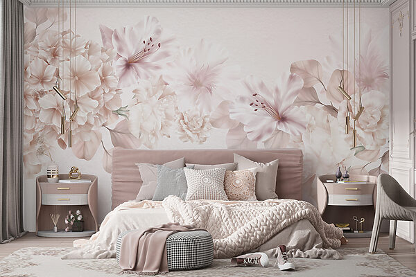 Groep bloemen op witte achtergrond Fotobehang Groep bloemen op witte achtergrond