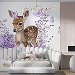Fotobehang Baby hertje omringd door paarse bloemen
