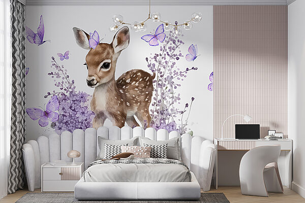 Baby hertje omringd door paarse bloemen Fotobehang Baby hertje omringd door paarse bloemen