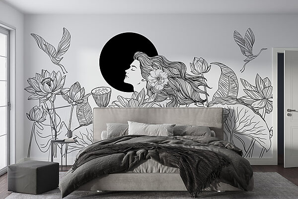 Fotobehang Vrouw met lang haar en bloemen