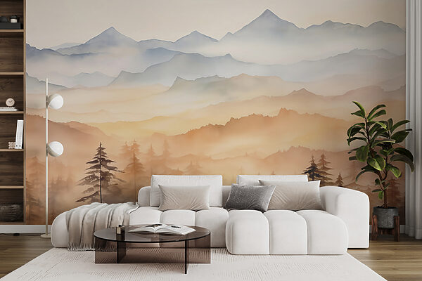 Landschap van bergen en bomen Fotobehang Landschap van bergen en bomen