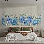 Fotobehang Blauwe hortensia bloemen en bladeren