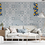 Fotobehang Patroon van fruit op een witte en blauwe achtergrond