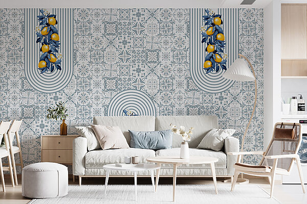 Patroon van fruit op een witte en blauwe achtergrond Fotobehang Patroon van fruit op een witte en blauwe achtergrond