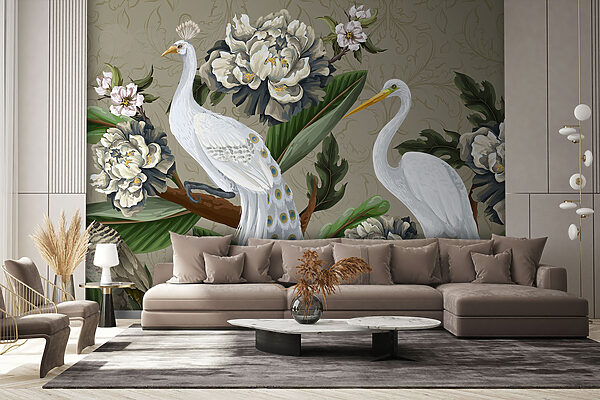 Behang met vogels en bloemen Fotobehang Behang met vogels en bloemen