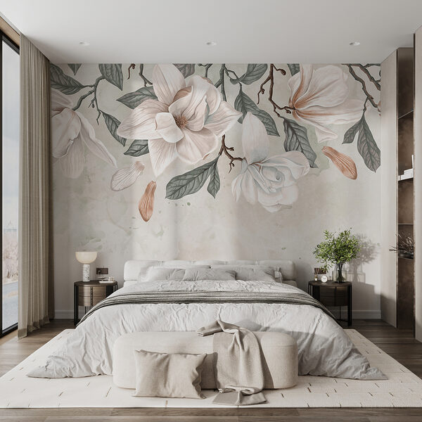 Witte bloemen en bladeren op een witte achtergrond Fotobehang Witte bloemen en bladeren op een witte achtergrond