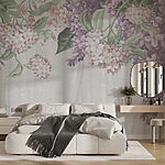 Fotobehang Bloemen gedrapeerd over zacht, wit gordijn