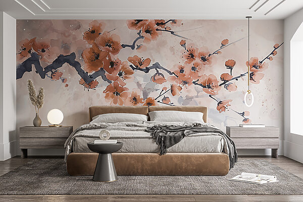 Schilderij van een tak met bloemen Fotobehang Schilderij van een tak met bloemen
