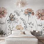 Fotobehang Vlinder danst tussen pastelkleurige bloemen