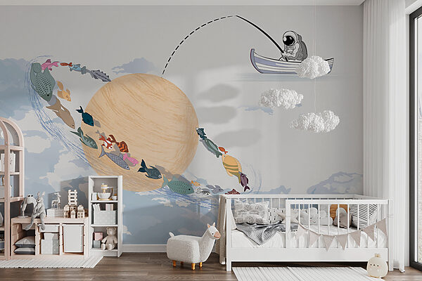 Cartoon van een planeet met vissen erin Fotobehang Cartoon van een planeet met vissen erin