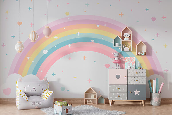 Fotobehang Fotobehang Regenboog met wolken en sterren (Artikelnummer: w08109)