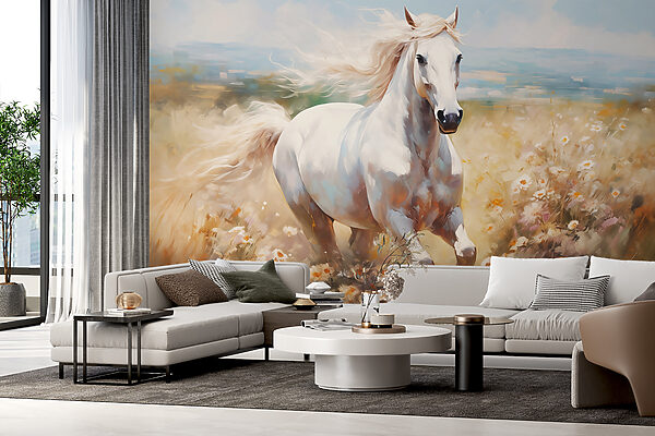Wit paard rent door een bloemenveld Fotobehang Wit paard rent door een bloemenveld