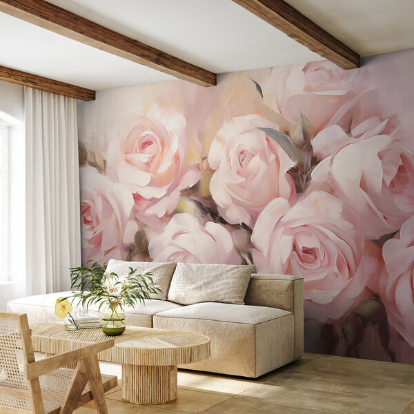 Schilderij van roze rozen Fotobehang Schilderij van roze rozen
