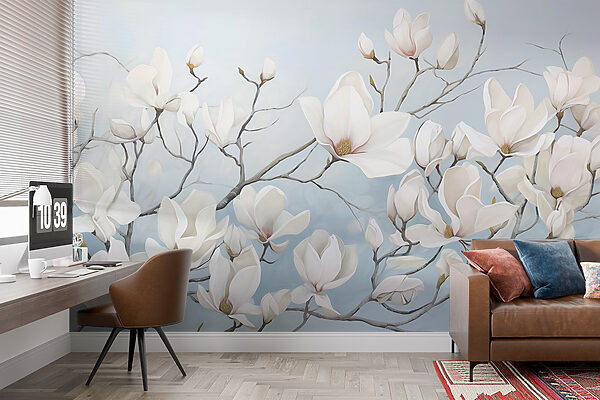 Schilderij van witte bloemen op een tak Fotobehang Schilderij van witte bloemen op een tak