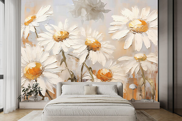 Schilderij van witte bloemen Fotobehang Schilderij van witte bloemen