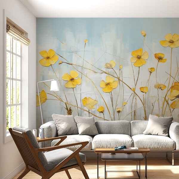 Schilderij van gele bloemen Fotobehang Schilderij van gele bloemen