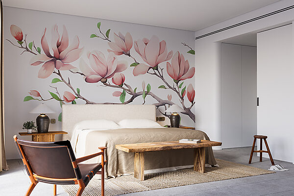 Tak met roze bloemen en bladeren Fotobehang Tak met roze bloemen en bladeren