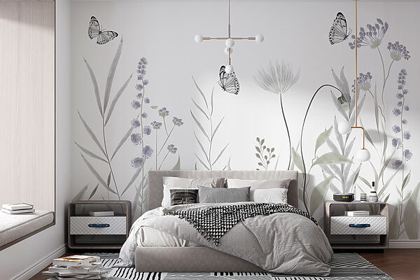 Vlinders vliegen over bloemen Fotobehang Vlinders vliegen over bloemen