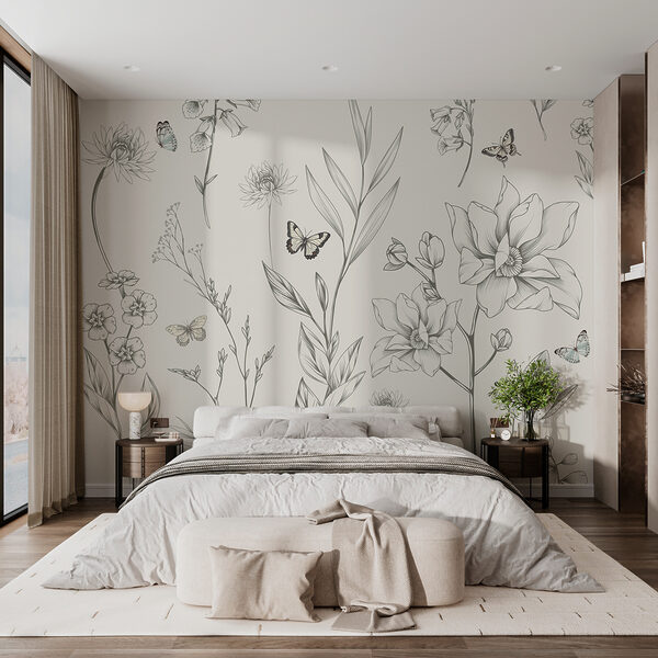Behang met bloemen en vlinders Fotobehang Behang met bloemen en vlinders