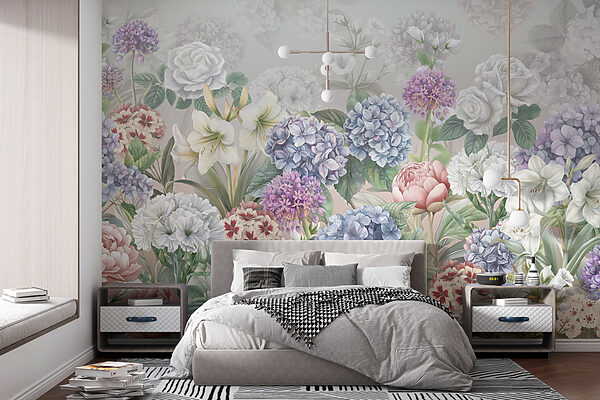 Groep bloemen op witte achtergrond Fotobehang Groep bloemen op witte achtergrond