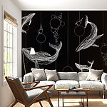 Fotobehang Groep walvissen en bubbels