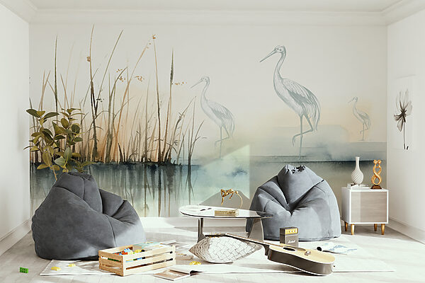 Tekening van vogels op het water Fotobehang Tekening van vogels op het water