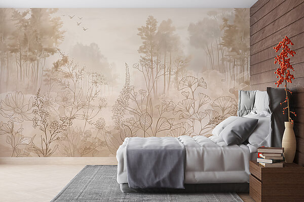 Mistig landschap met bomen en planten Fotobehang Mistig landschap met bomen en planten