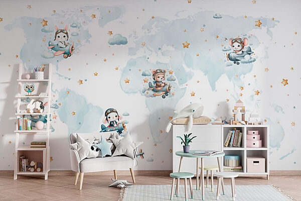 Wereldkaart met cartondieren Fotobehang Wereldkaart met cartondieren