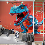 Fotobehang Blauwe dinosaurus met bliksem die eruit komt