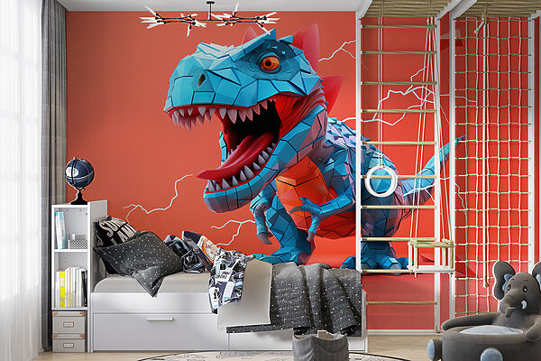 Blauwe dinosaurus met bliksem die eruit komt Fotobehang Blauwe dinosaurus met bliksem die eruit komt