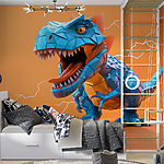 Fotobehang Blauwe dinosaurus met bliksem die eruit komt