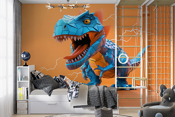 Fotobehang Blauwe dinosaurus met bliksem die eruit komt