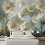 Fotobehang Groep witte bloemen met groene bladeren