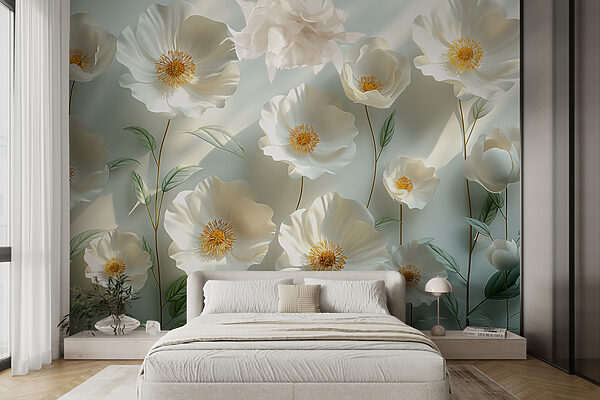 Groep witte bloemen met groene bladeren Fotobehang Groep witte bloemen met groene bladeren
