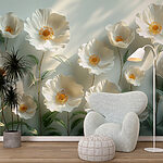 Fotobehang Groep witte bloemen met groene bladeren