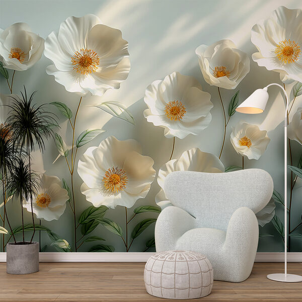 Fotobehang Groep witte bloemen met groene bladeren
