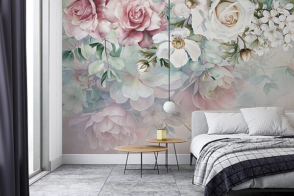 Schilderij van bloemen op een oppervlak Fotobehang Schilderij van bloemen op een oppervlak