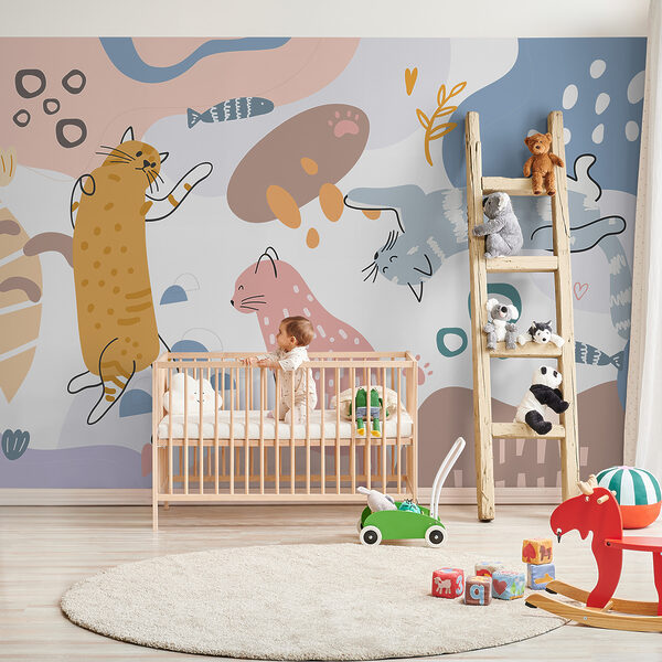 Groep katten op een kleurrijke achtergrond Fotobehang Groep katten op een kleurrijke achtergrond