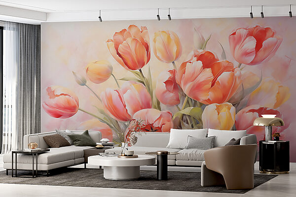 Schilderij van bloemen op een witte achtergrond Fotobehang Schilderij van bloemen op een witte achtergrond