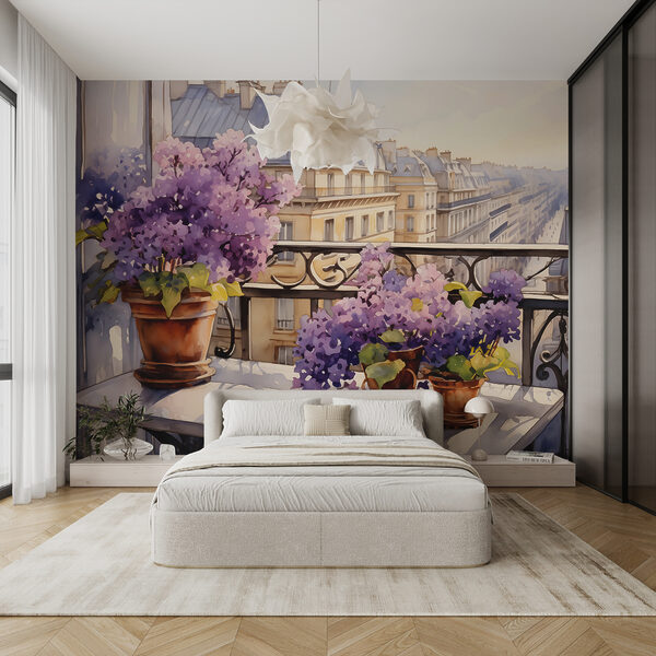 Schilderij van een balkon met paarse bloemen Fotobehang Schilderij van een balkon met paarse bloemen