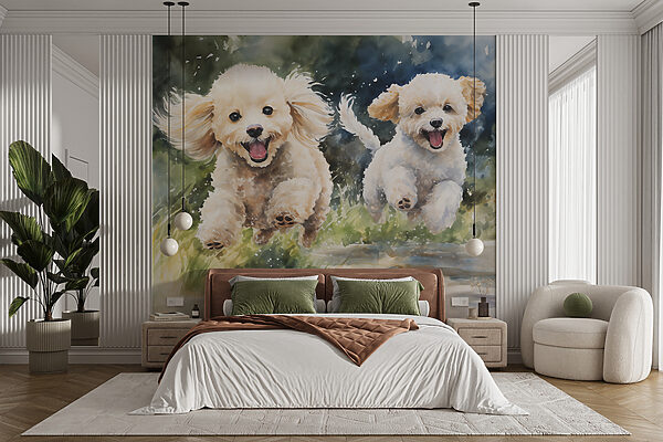 Twee honden springen in de lucht Fotobehang Twee honden springen in de lucht