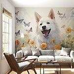 Fotobehang Witte hond met vlinders eromheen
