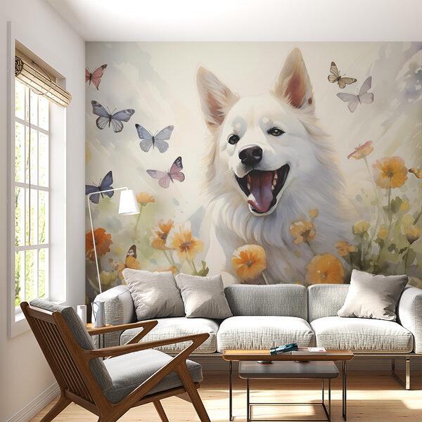 Witte hond met vlinders eromheen Fotobehang Witte hond met vlinders eromheen