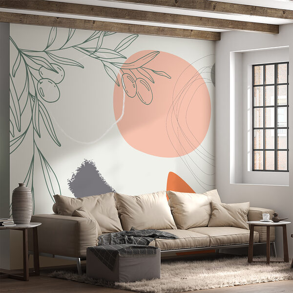 Grafisch ontwerp van een tak met olijven en cirkels Fotobehang Grafisch ontwerp van een tak met olijven en cirkels