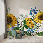 Fotobehang Groep zonnebloemen en andere bloemen